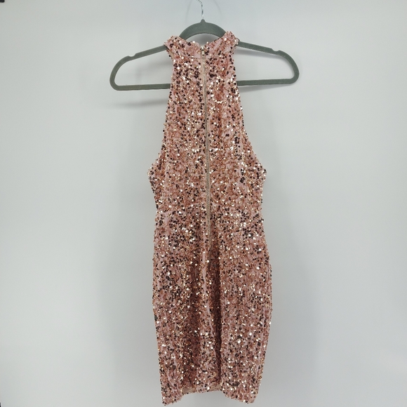 LOVE & LEMONADE Zip Back Sequin Bodycon Halter Dress Size Small Pink - Picture 7 of 11